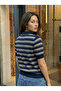 Women's Striped Short Sleeve Polo Collar Buttoned Knitwear Sweater Navy Blue 26S3041 - 3