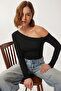 Open Shoulder Stone Detailed Knitted Blouse Ldz0071 Black