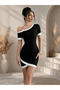 Women's Short Sleeve Asymmetrical Collar Stripe and Accessory Detailed Modal Dress - 2
