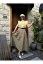 Khaki A-Line Pleated and Belted Long Poplin Women's Skirt 31070 - 2