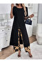 Women's Front Cross Detailed Short-Sleeved Long Blouse and Patterned Two-Thread Trousers Two-Piece Set - 4