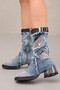Women's Stone-Embellished Denim Long Boots with Black Leather Details