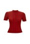 Women's Red Half Turtleneck Slightly Transparent Ruffle Detailed Short Sleeve Ribbed Knitwear Blouse - 5