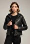 Black Stella Women's Genuine Leather Coat with Hood and Pockets