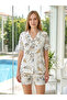 Women's Patterned Short Sleeve Suprem Shorts Pajama Set 0577 Ecru03