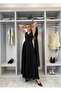 Women's Black Long Dress with Pleated Details - 3