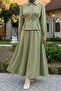 Thin Belted Shirt Skirt Pistachio Green Double Set - 2