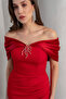 Women's Burgundy Slim Fit Accessory Detailed Long Engagement Wedding Evening Dress - 4