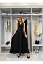 Women's Black Long Dress with Pleated Details