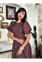 Balloon Sleeve Polka Dot Patterned Maxi Long Premium Dress Brown - 3