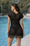 Women's Black Sleeveless Knitted Patterned Front Back V-Neck Tasseled Trend Mini Beach Dress - 3