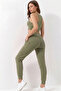 Women's Khaki Double Pocket High Waist Jogger Sweatpants and Zipper Bustier Crop Top Set