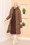 Fur Hooded Mobile Belted Inflatable Coat Brown - 4
