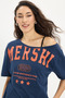 Women's Oversize Wide Cut 100% Cotton Boat Neck Short Sleeve Printed Navy Blue T-Shirt Blouse - 3