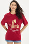 Women's Oversize Wide Cut 100% Cotton Crew Neck Short Sleeve Printed Claret Red T-Shirt Blouse