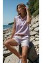 Women's Dusty Rose Striped Scallop Fabric, Patched, Zero Sleeve Summer Shirt Blouse 7003422187