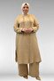 67023 Plus Size Muslin Trouser Suit with Pleated Detail on the Front - Beige
