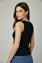 Women's Black Buttoned Henley Collar Ribbed Camisole Slim Fit Undershirt - 2
