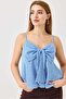 Women's large bow detailed plaid strap linen look blouse blue