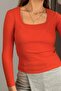 Women's ribbed square neck long sleeve blouse - orange - 2