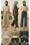Women's Ecru Green Anthracite Gray 3-Piece Pack Seersucker Elastic Casual Wide Leg Pants Set