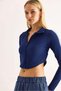 Women's polo collar zippered ribbed ribbed crop navy blue - 3