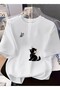 Cat and Butterfly Print Short Sleeve T-Shirt - Soft Round Neck