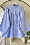 Women's High Collar Belted Tunic Blouse Balloon Sleeve Relaxed Fit Hijab Shirt - 3