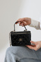 Black Patent Leather Mini Box Women's Bag with Quilted Pattern and Cross Chain Strap, Daily Stylish Bag - 3