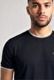 Men's Regular Fit Round Striped Collar Metallic Logo Detailed Short Sleeve Black T-Shirt - 4