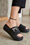 Women's Black Stone Bow Detailed High Platform Sole Comfortable Daily Slippers - 2