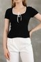2 Pack Square Neck Ribbed Knitwear Blouse Short Sleeve T-Shirt Pink Black - 2