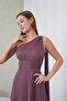 Women's Dusty Rose One-Shoulder Buckle Drape Detailed Sparkling Tulle Fabric Evening Dress Nbs9388 - 2