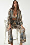 Patterned Summer Viscose Kimono Trousers Set Lrn0013 Beige Blue - 2