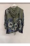 Women's Khaki Italian Floral Patterned Zippered Front Hooded Foldable Long Sleeve Blouse 40 - 46 Size - 4