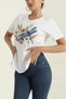 Women's White Cotton Dragonfly and Flower Embroidered Bead Detailed V-Neck T-Shirt - 4