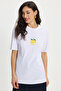 Women's Oversize Wide Cut Short Sleeve 100% Cotton Draped Printed White T-Shirt Blouse