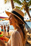 Women's Wide Brim Straw Hat with Bow Detail and Tulle Beach Hat - 5