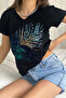 Women's Black V-Neck Palm Leaf Sequin Embroidered 100% Cotton T-Shirt - 5