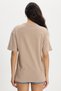 Women's Oversize Wide Cut 100% Cotton Crew Neck Short Sleeve Printed Beige T-Shirt Blouse - 6