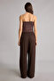 F5024Axbn528 Brown Wide Leg High Waist Standard Length Linen Blend Trousers with Pockets - 5