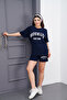 Women's Navy Blue Printed Oversize Summer Comfortable T-Shirt Shorts Set (100% Cotton) - 7