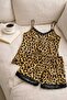 Women's Leopard Patterned Rope Strap Shorts Pajama Set with Lace Detail - 6
