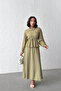 Women's Khaki Textured Tie-Up Long Sleeve Shirt Long Skirt Bottom Top Two-Piece Summer Set