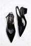 Women's Black Wrinkled Patent Leather Block Heeled Shoes - Pointed Toe Open Back Stylish Slingback Ballerinas - Office - 4