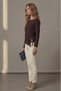Women's Boat Neck Side Drawstring Asymmetrical Long Sleeve Bodysuit Brown - 8