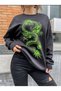 Women's Oversize Sweatshirt Green Dragon Printed Black