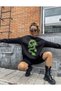 Women's Oversize Sweatshirt Green Dragon Printed Black - 3