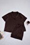 Kahverengi Çeyiz Seti Saten Gömlek Yaka Büyük Beden Pijama Takımı TBBSS26AI00068 - 5
