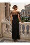 Women's Long Imported Crepe Dress with Lace Detail on the Chest and Neck, Boat Neck Look - 7